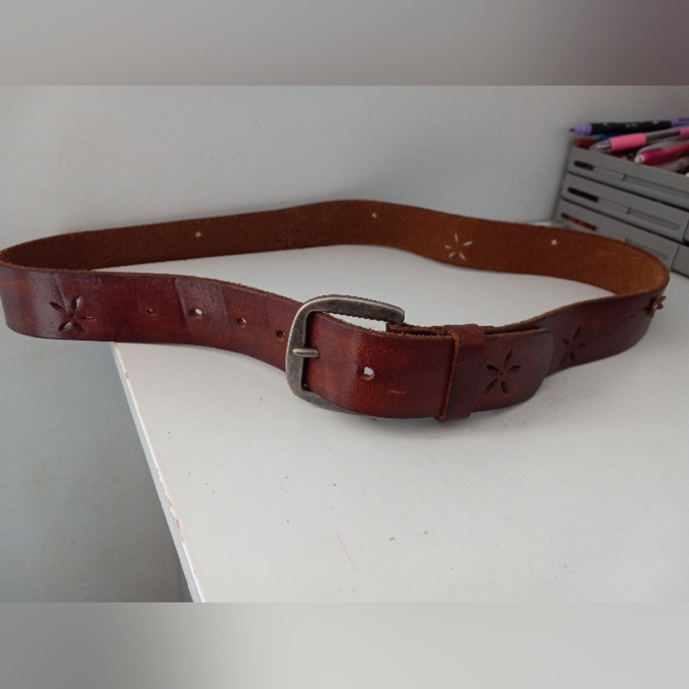 Vintage belt, leather belt, solid brass belt,flower cutout,